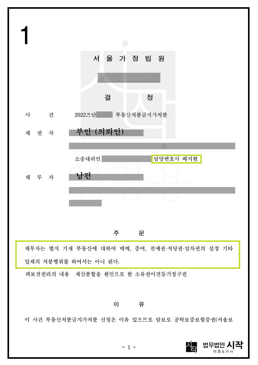 맞벌이 아내 남편 명의 부동산에 대한 부동산처분금지가처분 인용 사례