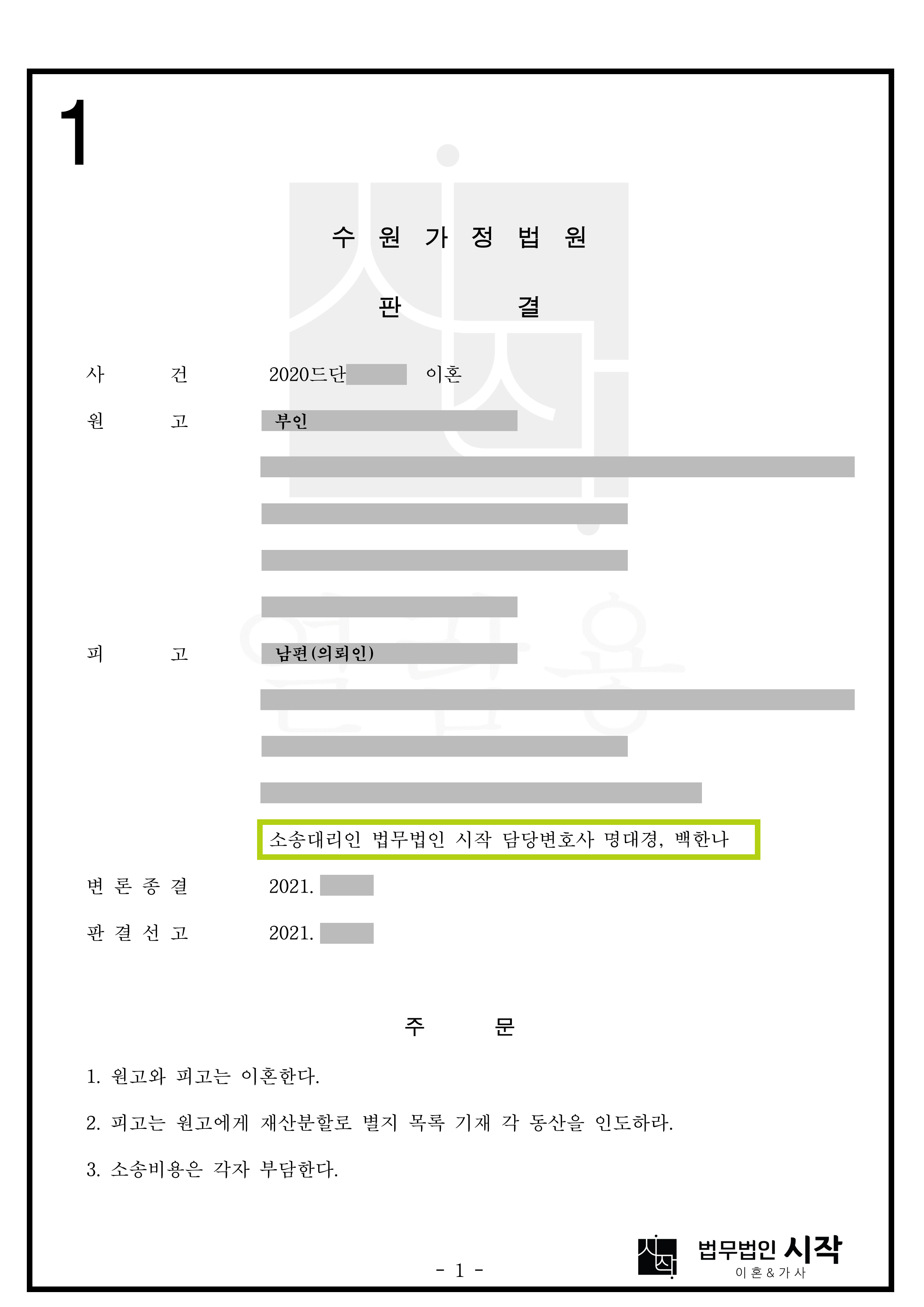 젊은 부부의 신혼살림 재산분할 사례