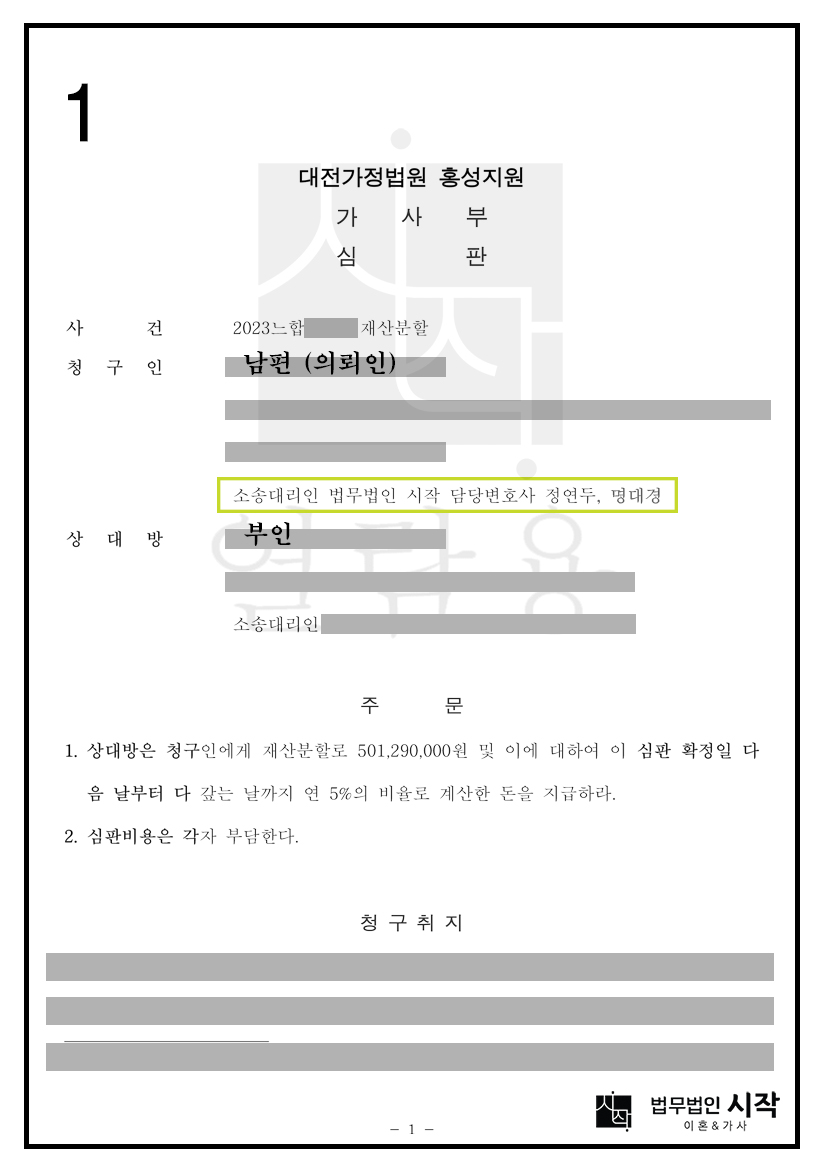 재산분할 각서가 작성되었음에도 불구하고 재산분할 기여도 50%를 인정받은 사례