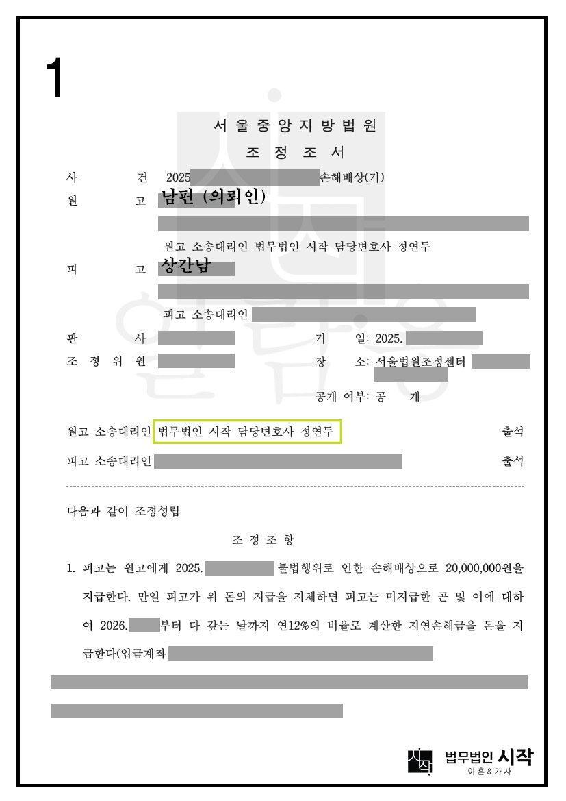 부정행위 상대방을 상대로 조정합의를 통해 위자료를 받아낸 사례