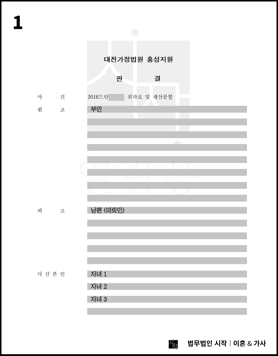 1심 양육권 부인, 재산분할 1억1,500만원에 대한 항소사건