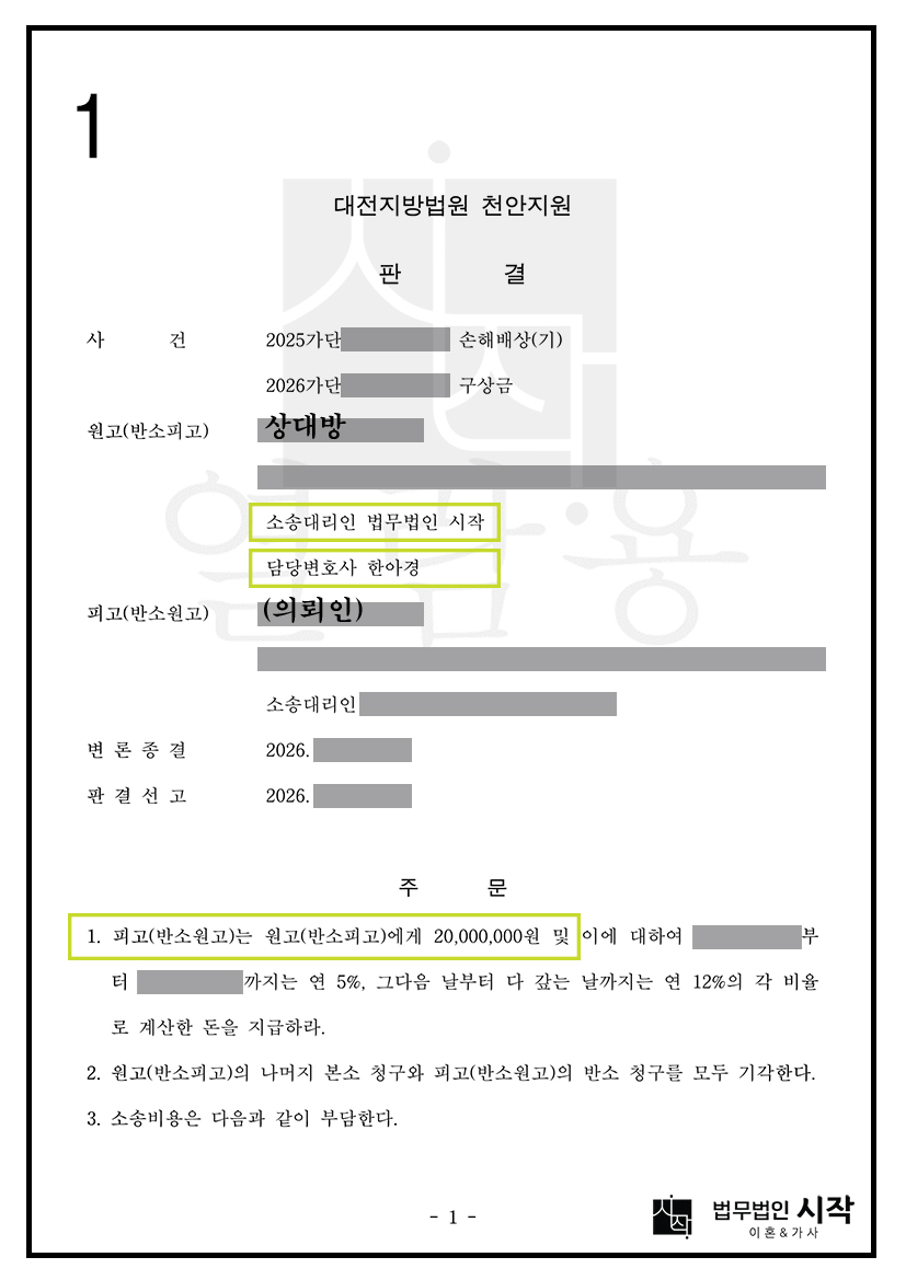 반소청구를 한 상간자를 상대로 위자료 인정받고 반소 기각시킨 사안