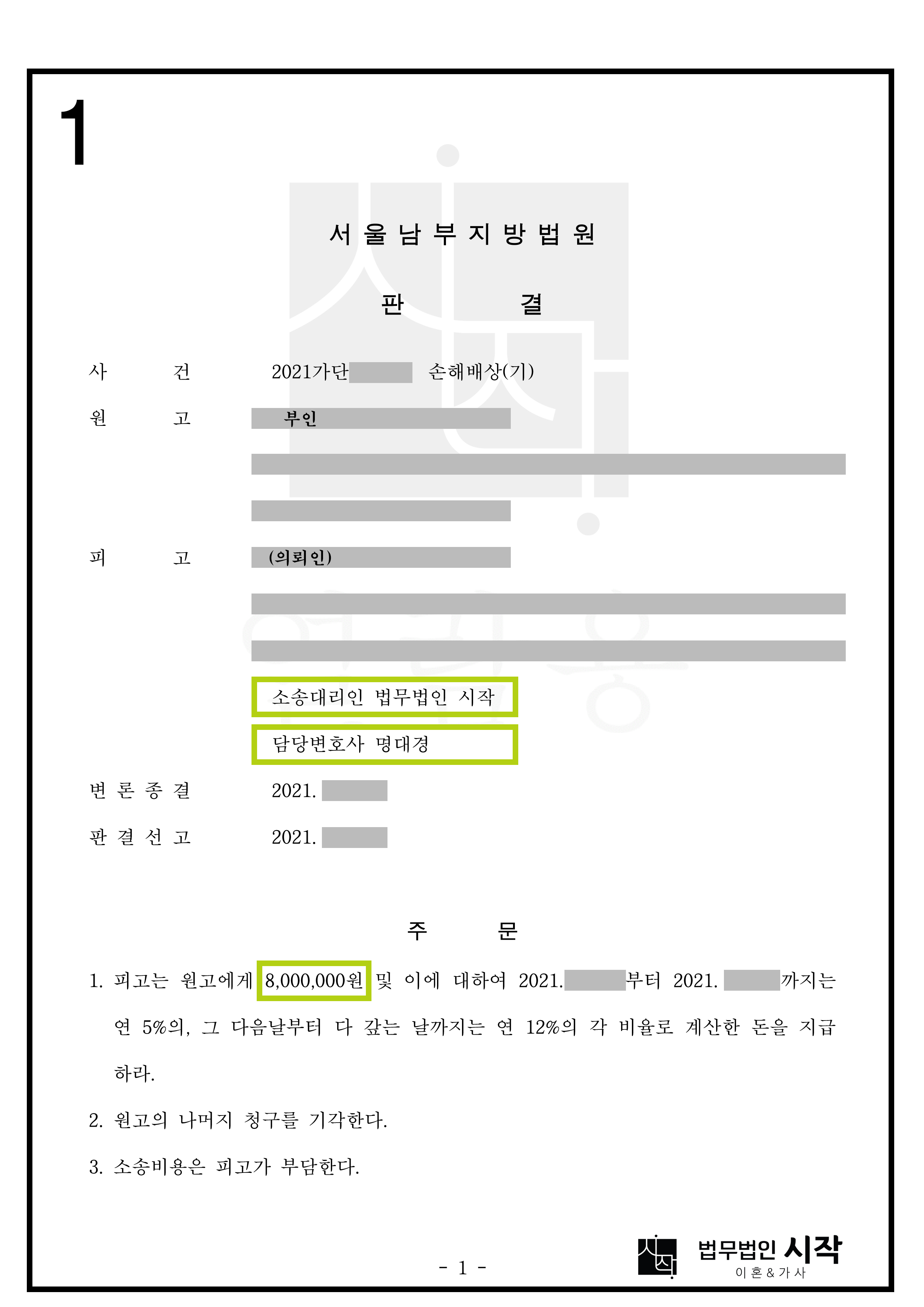 위자료 청구 3,100만원 중 2,300만원을 방어한 사례