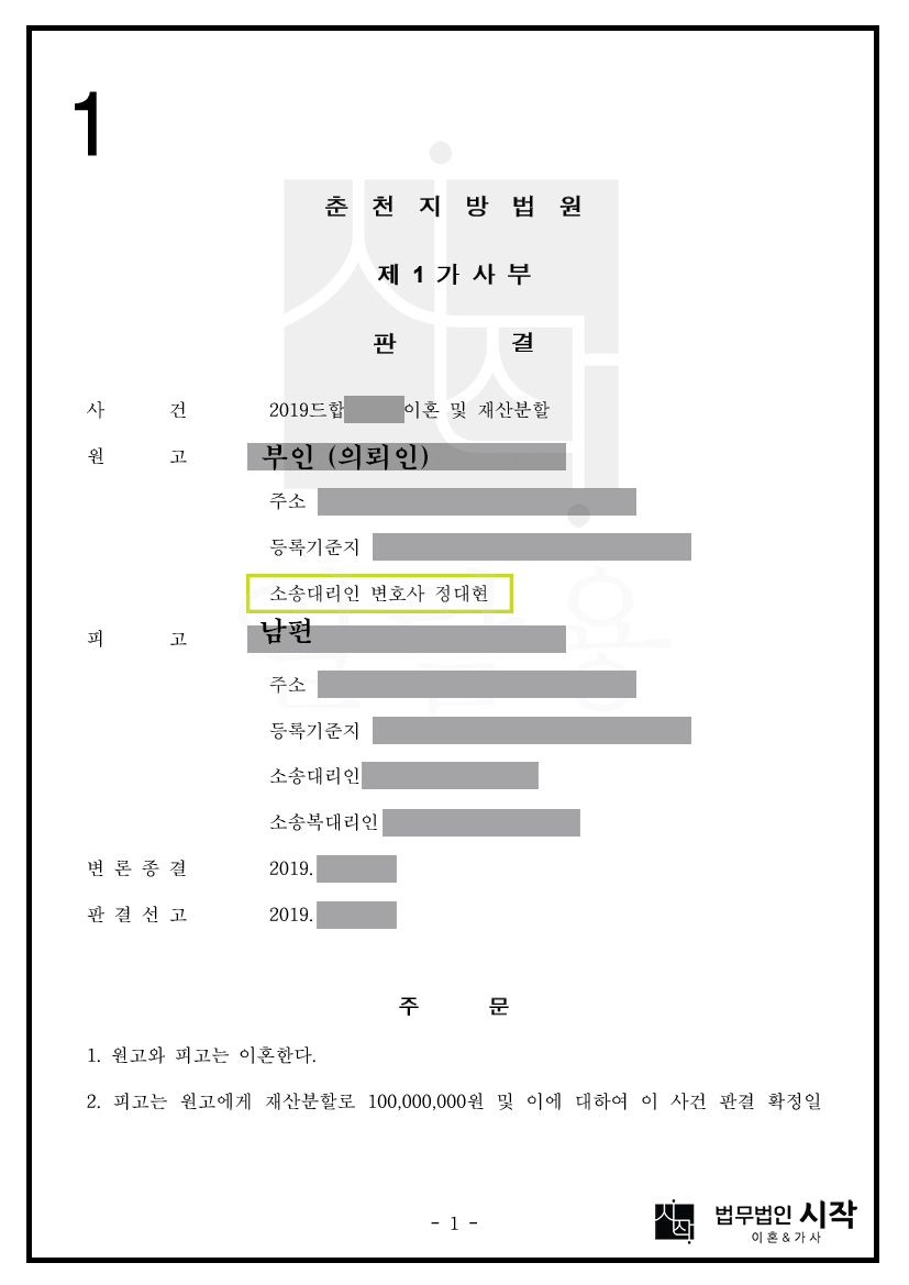 남편 명의 상속 부동산을 재산분할대상에 포함시켜 1억 원을 인정받은 사례