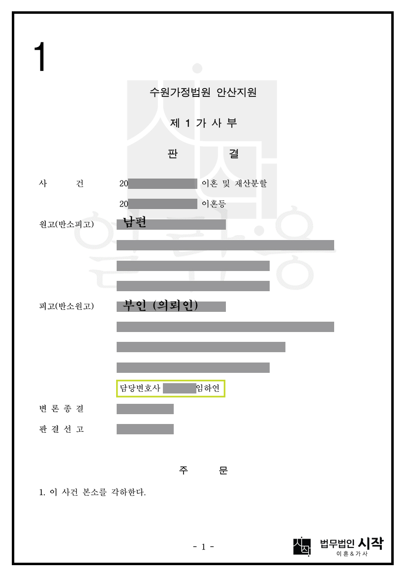 상대방의 소취하에 따른 본소 각하 확보 및 반소 이혼청구 인용