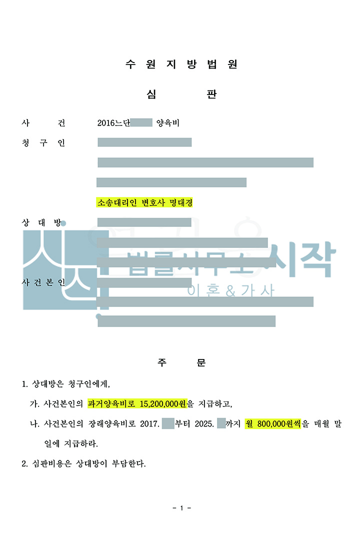 협의이혼 후 과거양육비 및 장래양육비 청구 사례