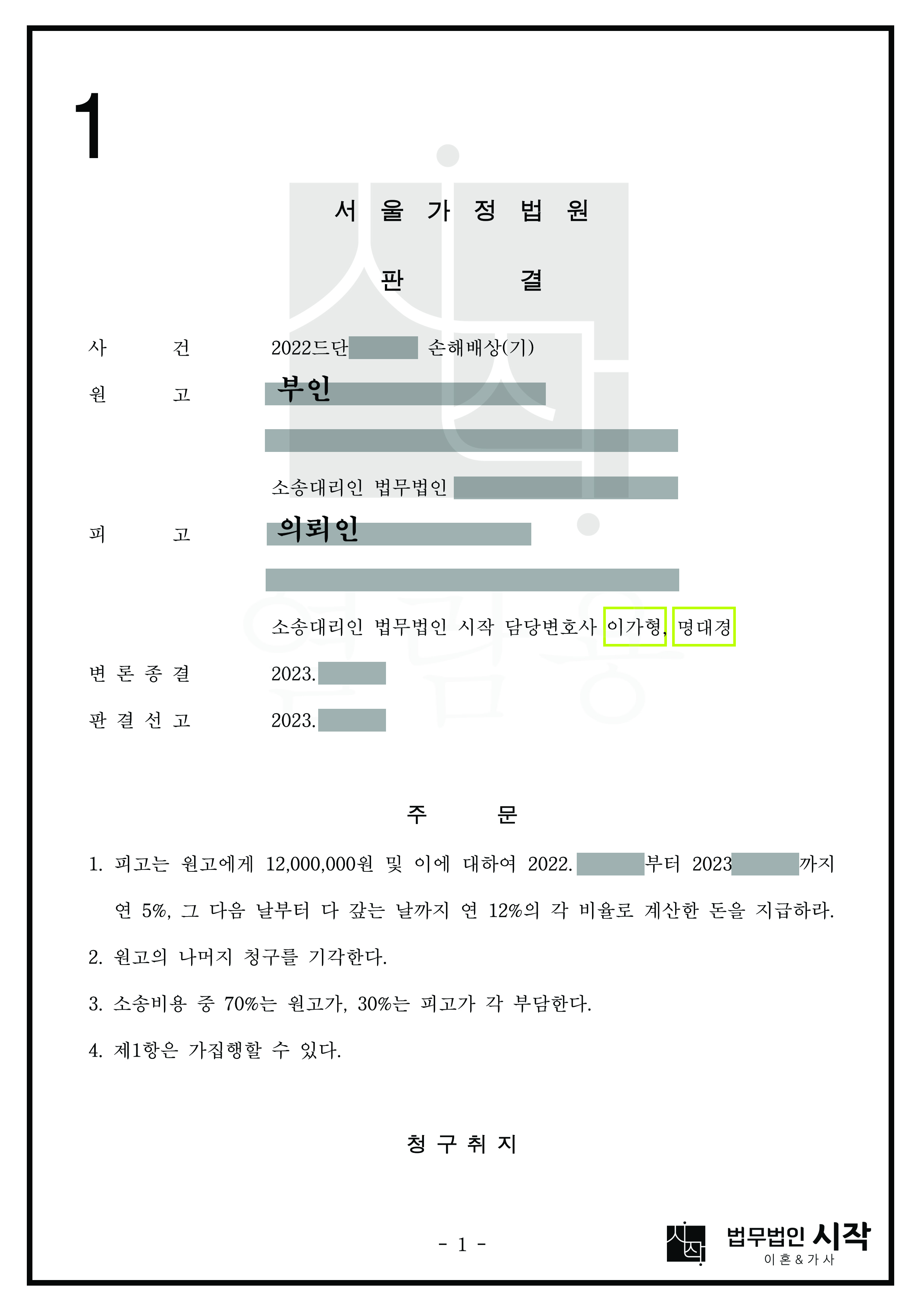 부정행위를 원인으로 한 위자료 청구사건에서 2천8백만 원을 감액한 사건