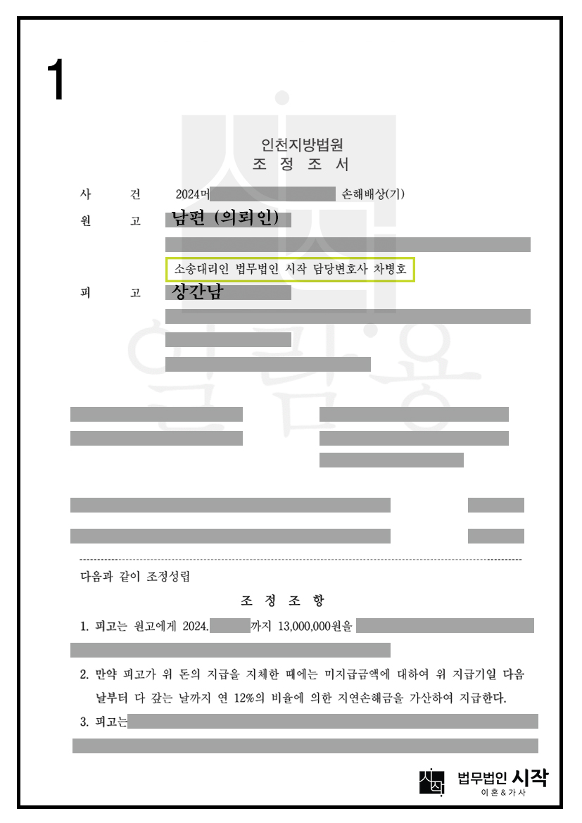 부정행위 상대방을 상대로 위자료청구의 조정합의를 진행한사례