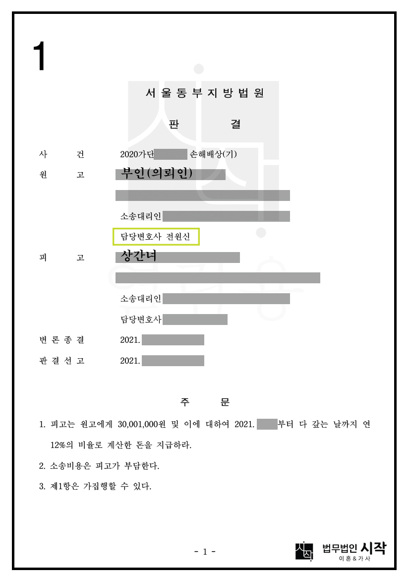장기간 부정행위 + 소멸시효 주장까지 방어해 위자료 전액을 인정받은 전부승소 사례