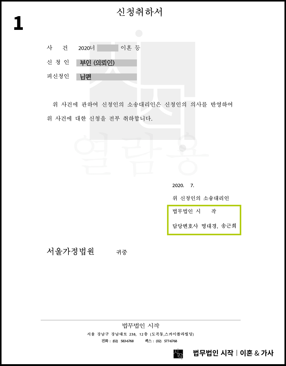 이혼조정신청 중 상대방이 혼인관계 회복의사를 보여 취하된 사례