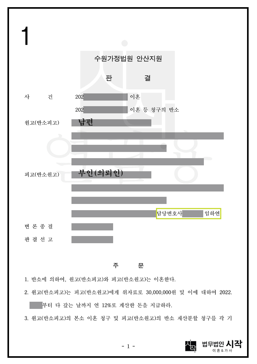 반소를 통한 이혼 및 위자료 전부 인용, 재산분할 관련 채무 분담 위험 방어