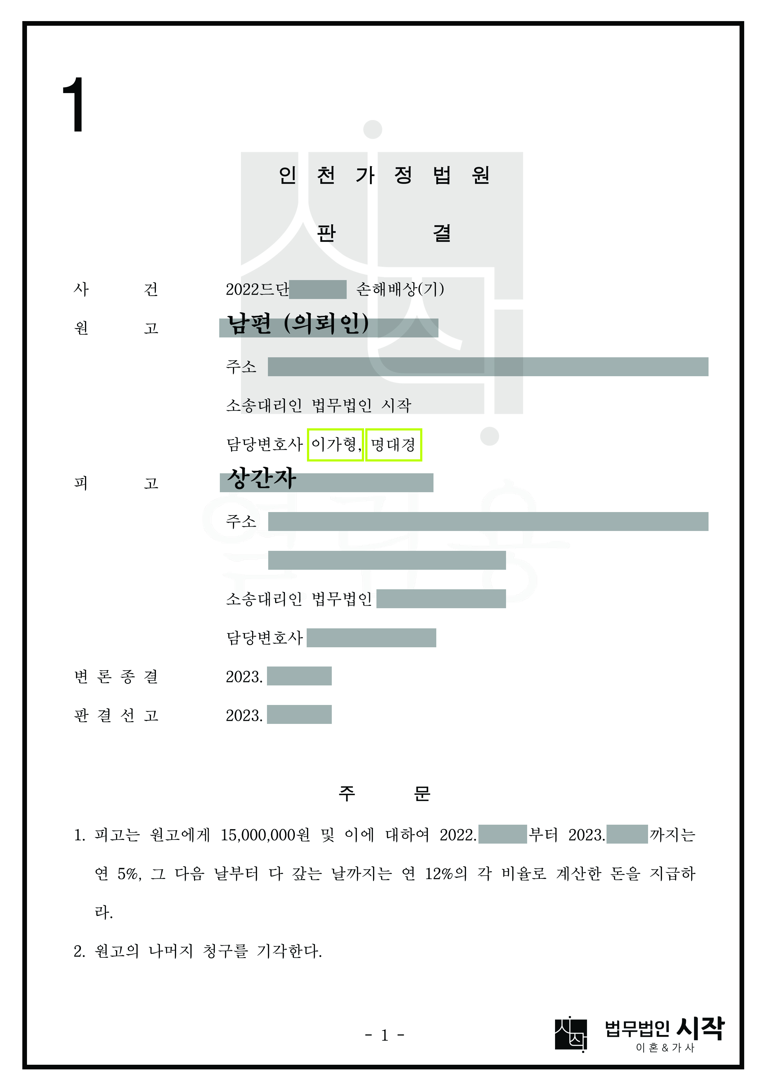 랜덤채팅 어플로 일회성 만남을 가진 상간자를 상대로 1천5백만 원의 위자료를 인정받은 사건