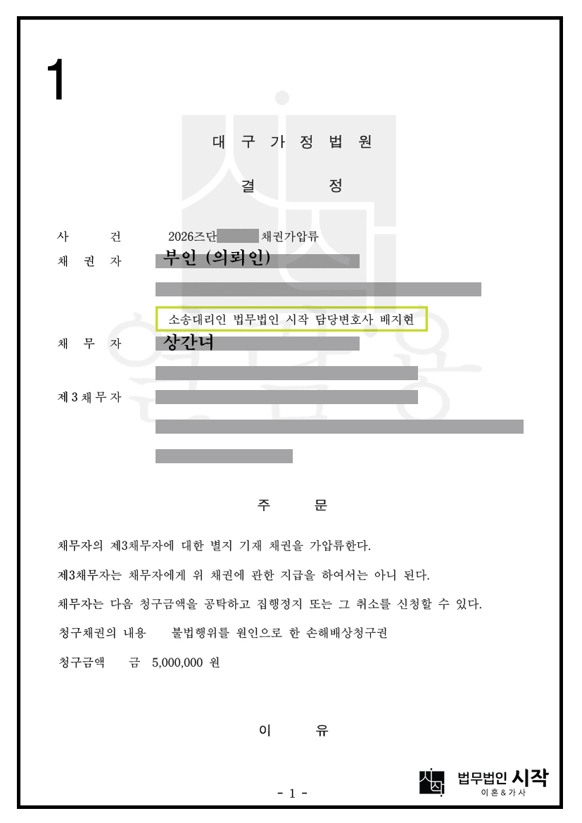 상간녀의 주거래 계좌에 대한 가압류 인용 사례