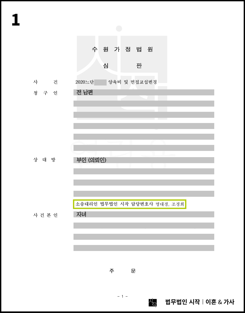 전 배우자의 양육비 감액청구를 전부 기각으로 방어하고, 아직 어린 자녀의 면접교섭에 있어 초등학교 입학 전까지 당일면접교섭으로 유지한 사례