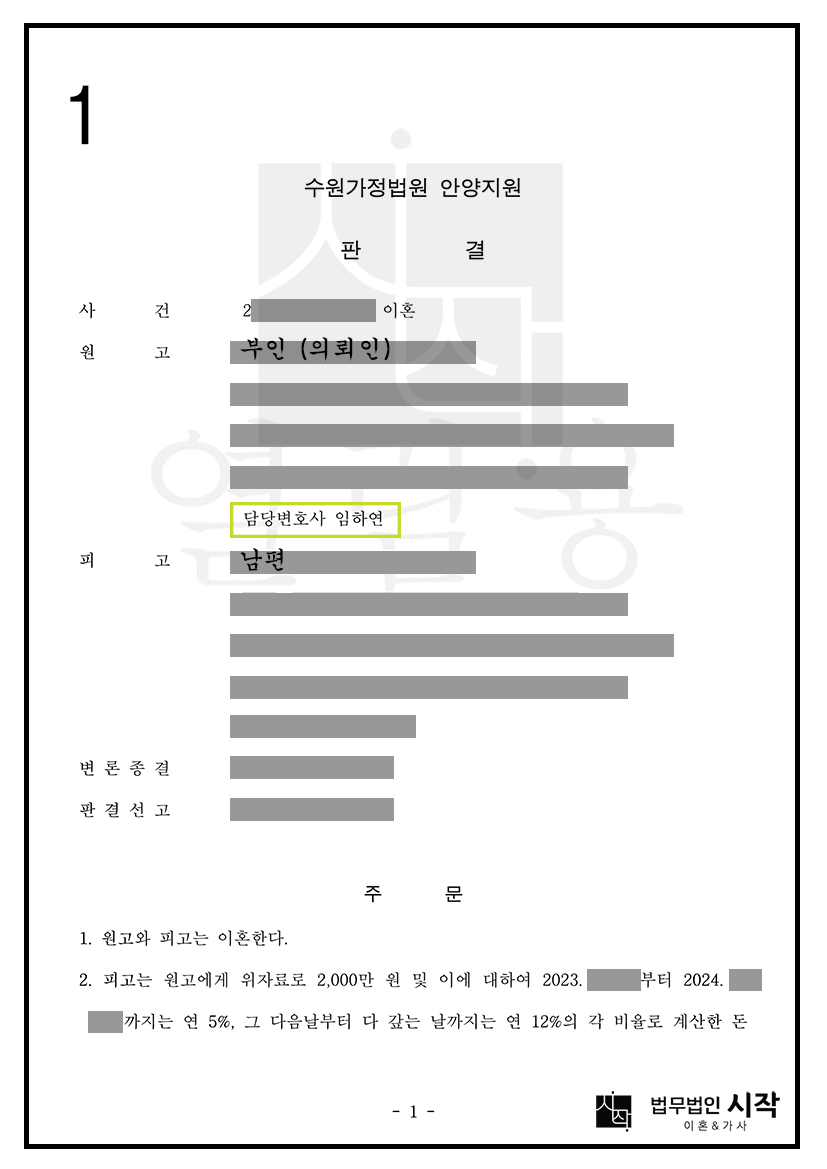 이혼 및 위자료·재산분할 인용