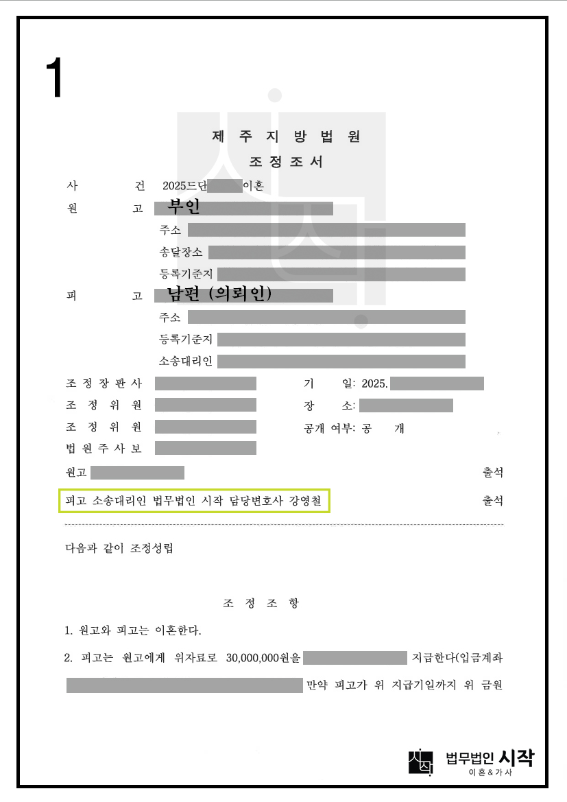 이혼청구에서 위자료 청구를 추가한 청구취지변경신청을 제기당한 의뢰인이 소장을 송달받은 후 3개월 후에 청구금액의 40%를 감액한 금액으로 원만한 조정이 성립된 사례
