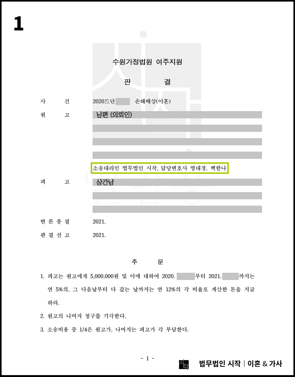 단 하루의 부정행위를 인정받아 위자료를 확보한 사례